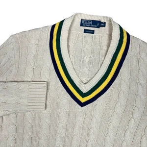 Suéter Polo Ralph Lauren Para Hombres 2XL Tejido con Cable Algodón Cricket Cuello en V Preppy De Colección - Imagen 1 de 10