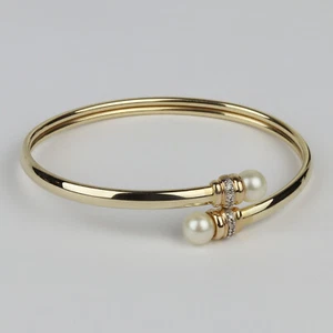 14k Yellow Gold, Pearl, Diamond Womens Bypass Bangle Bracelet - Picture 1 of 3