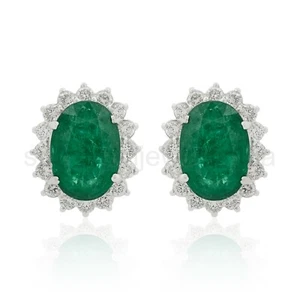 7.39 TCW H/SI Diamond Zambian Emerald Ear Stud Earrings 14k White Gold Jewelry - Picture 1 of 7