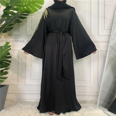 Luxury Satin Abaya Women Dubai Embrodiery Dress Muslim Islamic Party Gown S-2XL - Image 1 of 4