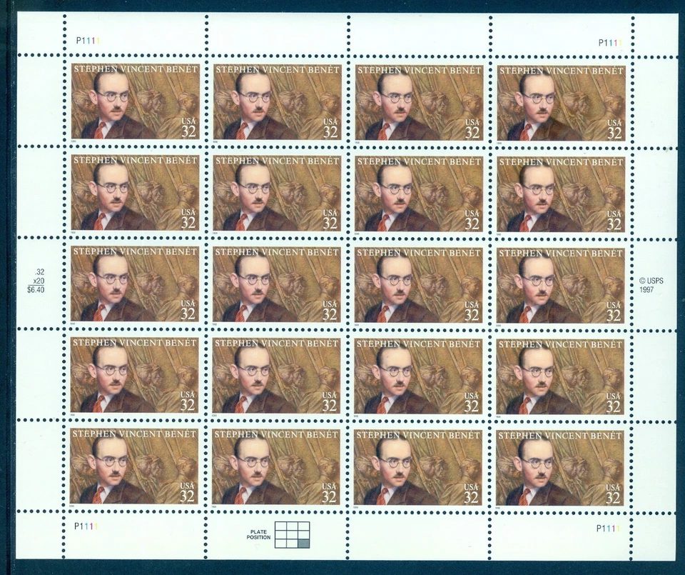 US 3221  Stephen Vincent Benet, Author, Complete Sheet/20,  Mint NH - Image 1 of 1