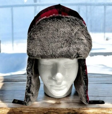 De Colección Woolrich Trapper Sombrero Búfalo Cuadros Orejeras Forrado de Piel Sintética Gorra Rojo Negro Foto 1 de 4
