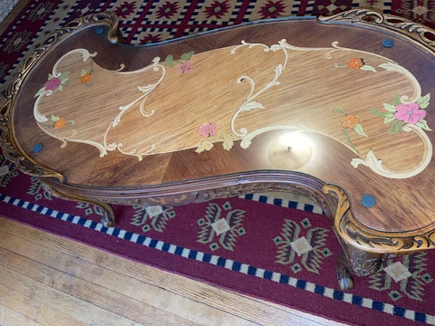Antique French "Kidney Shape" Inlaid Coffee Table W/ Glass Top Cover