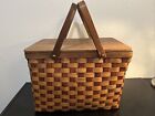 Vintage Wicker Picnic Basket Large Solid Lid Two Handle two tone brown 16x12x12