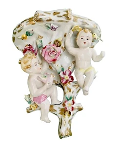 Vintage Rare Cherubs Porcelain  Capodimonte ? Wall Sconce Shelf Floral Bird - Picture 1 of 17