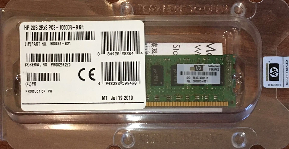 HP 2GB Server Memory Cards 2Rx8 PC3-10600R 9 KIT P/N 500656-B21 Brand New - Image 1 of 2