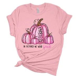 Womens Halloween Tshirt In October We Wear Pink Leopard Pumpkin Breast Cancer - Picture 1 of 3