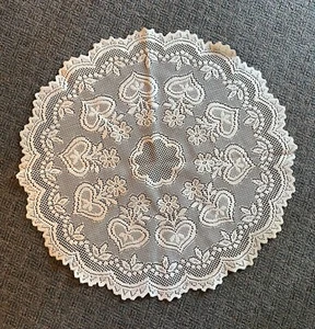 Round Lace Tablecloth 30" Table Topper w/ Heart & Floral Design Cream Off White - Picture 1 of 6