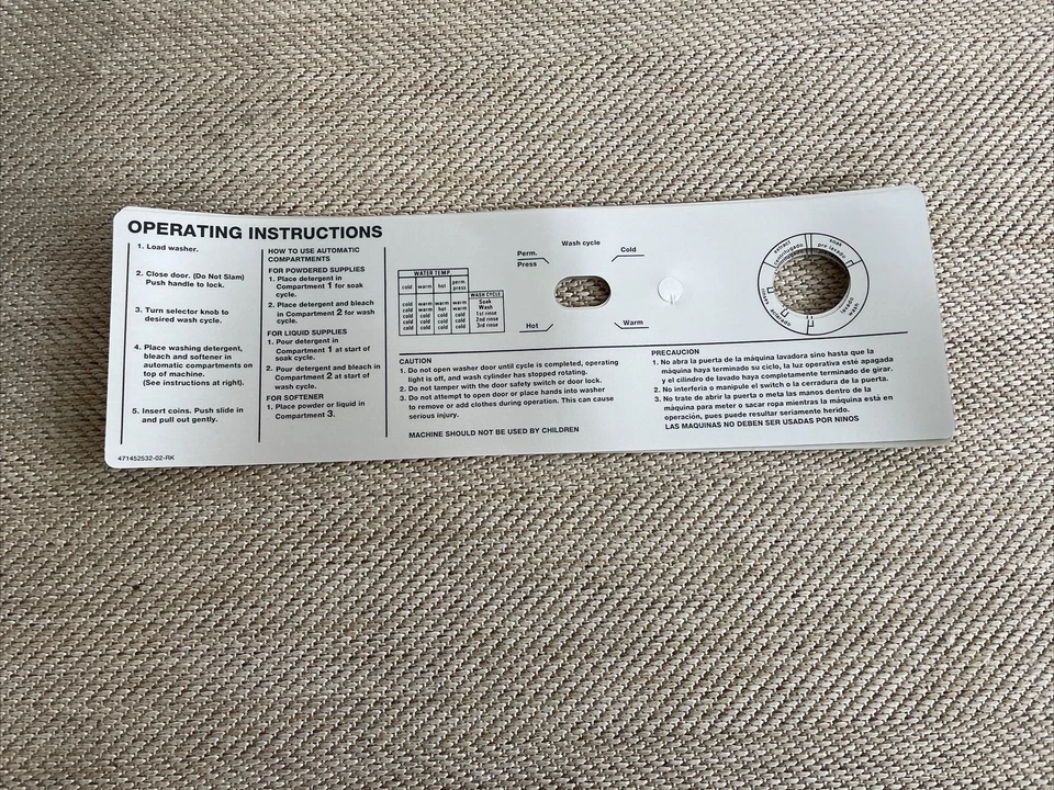 Instruction Sign for Wascomat W74 W124 W184 # 471-452532
