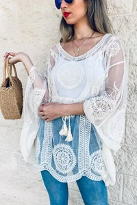 Boho Crochet Lace Kimono Tunic Duster Top Mandala Embroidered Beach Coverup OS M - Picture 1 of 7