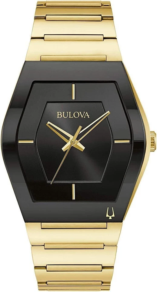 Bulova Mens Watch 97A164 Futuro Quartz Black Dial Gold Tone Stainless Steel 40mm