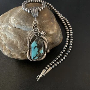 Womens Spiderweb Turquoise Pendant Navajo Pearls Sterling Silver Necklace 13258 - Picture 1 of 12