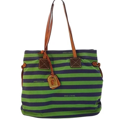 Dooney & Bourke Striped Tote Bag Green Navy Leather Accents Shoulder Bag - Image 1 of 4