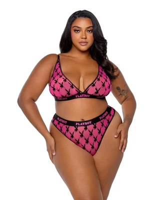 Playboy Flocked Bunny Bralette Bralette Bra Set Pink Mesh Logo Flock Plus Size - Image 1 of 4