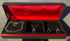 Macy’s 3pc Stamped 925 Heart Charm Jewelry Set Necklace Bracelet & Earrings - Picture 1 of 5