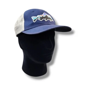 Patagonia Fitz Roy Embroidered Trout Navy Blue Gray Snap Back Mesh Trucker Hat - Picture 1 of 9