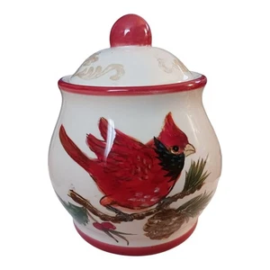 Winter Collage Covered Jar Cardinal Pinecone Ceramic  - Picture 1 of 5