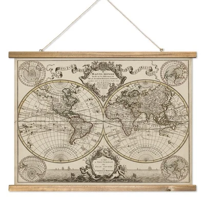 17th World Map Print Linen Double Hemisphere Wall Decor 39x29 Amsterdam Edition - Image 1 of 4