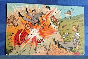 Vintage Motoring Comic Postcard 1905 Veteran Brass Car Renault ? Accident - Imagen 1 de 2