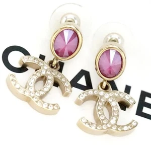 CHANEL CC Logos Pink Rhinestone Dangle Earrings Gold Tone B20C Auth w/Box q1110 - Picture 1 of 6