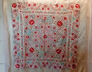 embroidered stitched red rose silk Piano Scarf Shawl fringe tapestry panel - Picture 1 of 12