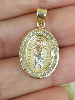 Oval 14k yellow white rose Gold Saint Jude san judas Pendant charm 1.1 inch long - Image 1 of 4