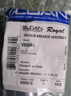 Sloan Vacuum Breaker Assembly 1.5" X  24.5" V600AA ASSE1001 high back pressure - Image 1 of 4