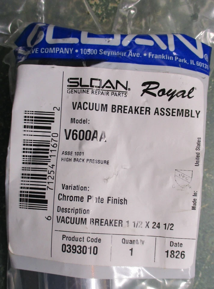 Sloan Vacuum Breaker Assembly 1.5" X  24.5" V600AA ASSE1001 high back pressure - Image 1 of 4