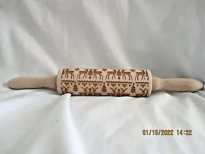 Christmas Rolling Pin Baking Cookies Wooden Embossing REindeer Trees Roller 13" - Picture 1 of 3