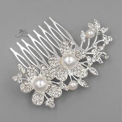 花卉婚礼发梳珍珠透明水晶头饰配件银色 40004 — 第 1/4 张图片