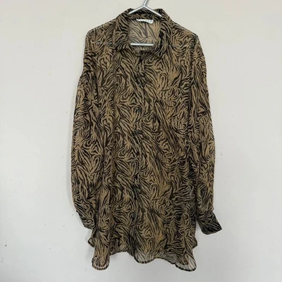 Primark Size 18-20 Brown With Metallic Thread Pattern Sheer Tunic Blouse - Image 1 of 3