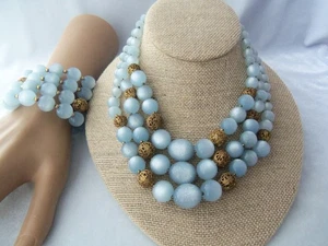 VTG Blue Moonglow & Confetti Lucite Bead Multi Strand Necklace & Wrap Bracelet - Picture 1 of 11