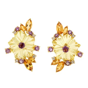 Christmas 18k Yellow Gold Stud Earrings For Women In Diamond And Multi Gemstone - Picture 1 of 6