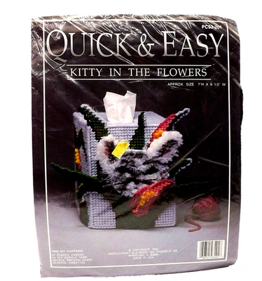 Needlecraft Ala Mode Kitty Cat in the Flowers Tissue Cover Plastic Canvas Kit - Image 1 of 3