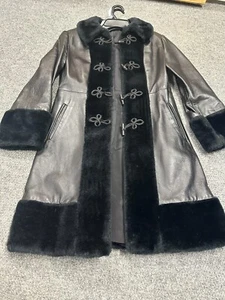 Womens Black Leather & Faux Fur Button & Loop Coat - Picture 1 of 12