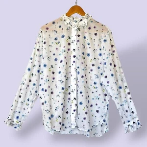 J.Crew Classic-Fit Ruffleneck Shirt Airy Floral Lilac Pansy Size 18 Preppy Sheer - Picture 1 of 13