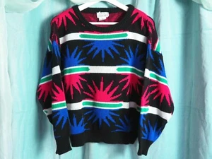 VTG 80s/90s Here's A Hug Geometric Multicolor Neon Funky Acrylic Knit Sweater L - Picture 1 of 6