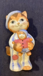 BC Bronson Collectible 1992 Cat Figurine Pajamas Holding Doll 3 1/8" High - Picture 1 of 7