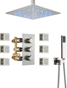 Thermostatic Brushed Nickel 16 Inch Luxury LED Rainfall Shower Heads System Comb - Imagen 1 de 7
