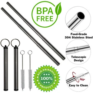 2 Pack Collapsible Metal Straws with Cleaning Brushes and Portable Keychain - Picture 1 of 6