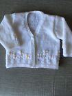 New Hand Knitted Girls White Cardigan With White Daisies Size 0-6 Months