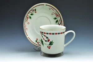 Home Essentials Holiday Red Green Holly Berries Tartan Ribbon Cup and Saucer - Picture 1 of 2