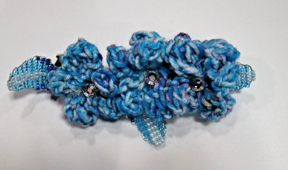 BARRETTE HAND BEADED & KNIT FRENCH HAIR CLIP UNIQUE 3.5" CLIP W/RHINESTONES BLUE - Image 1 of 2