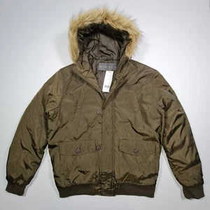 French Connection Mens Bomber Jacket Khaki Green Large Lightweight Hooded - Picture 1 of 10