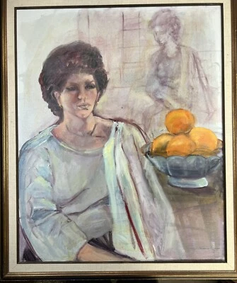 Vtg Oil on Canvas Painting Signed Drazen Women In Robe & Oranges Still Life - Image 1 of 4