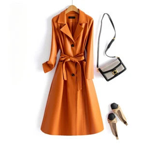 Women's Long Leather Jacket Windbreaker Orange Ladies Pu Leather Trench Coat - Picture 1 of 13