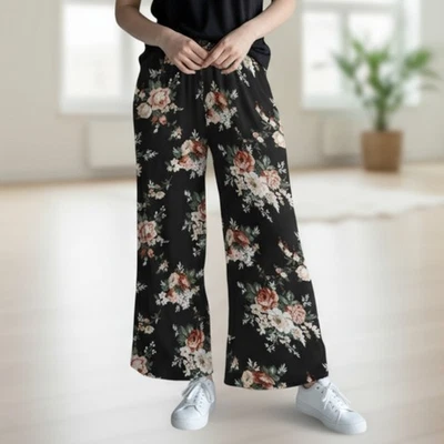 Copper Key Black Floral Wide Leg Pants Boho Palazzo High Waist Lounge VTG Small - Image 1 of 4