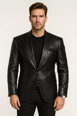 Men's Handmade Black Lambskin Leather Blazer Jacket Soft Genuine Two Button Coat - Image 1 of 3