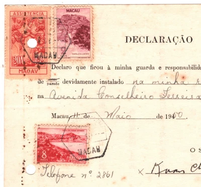 Teléfono de franqueo MACAU 20a Ingresos 8a 2a 1950 CHINA/PORTUGAL MA771 Foto 1 de 4
