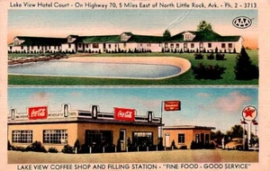 Cartel de Coca Cola de postal de Lake View Hotel Court cerca de Little Rock Arkansas - Imagen 1 de 2